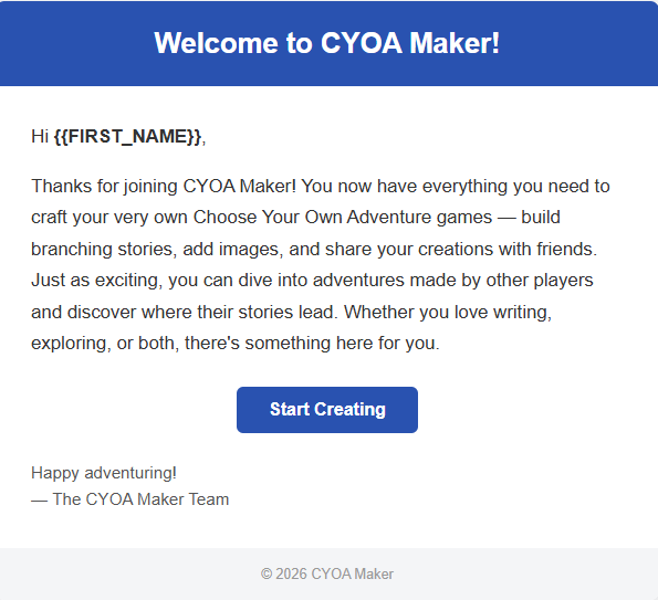 The HTML welcome email sent to new users
