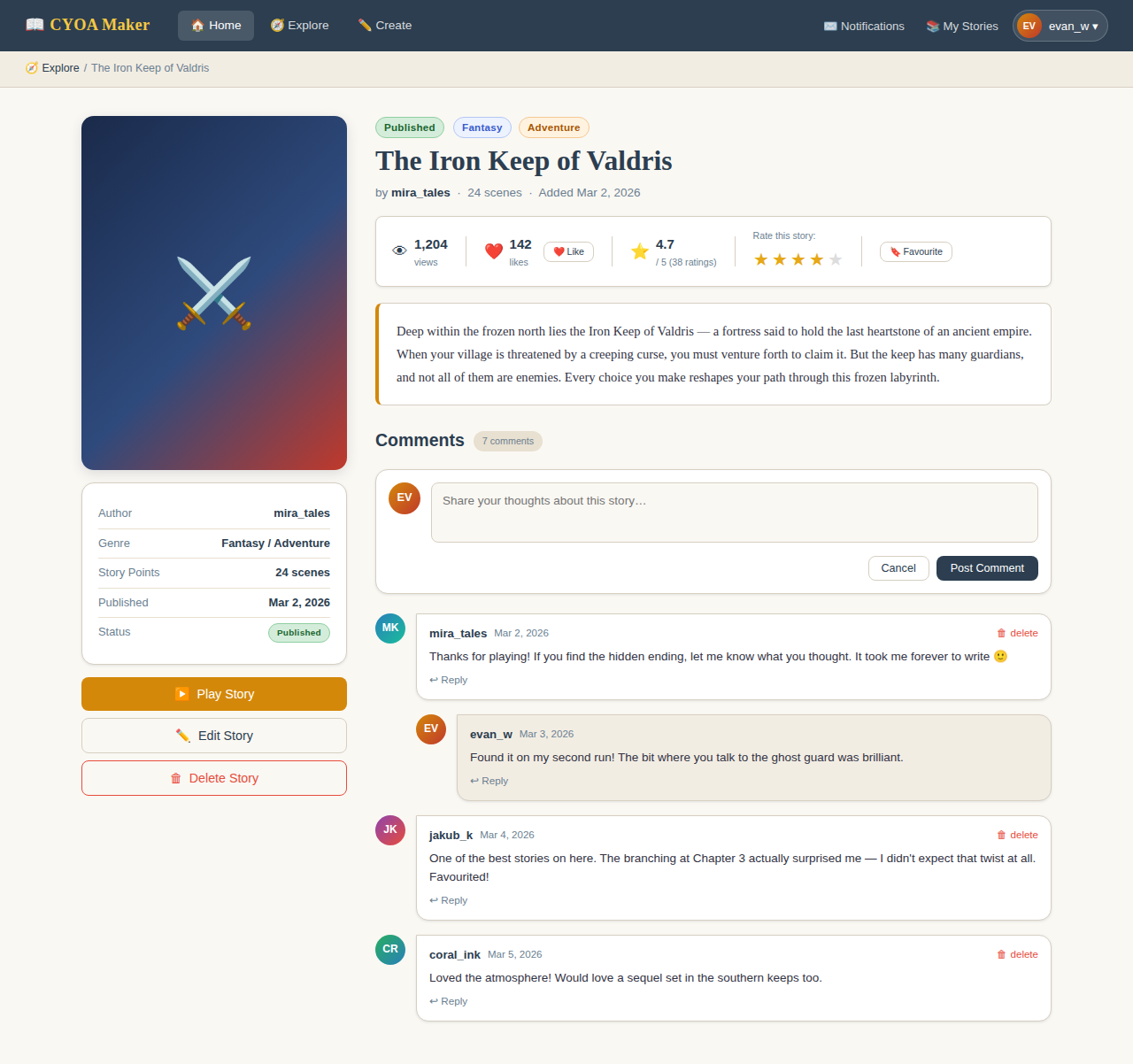 Mockup of the story summary page showing the cover image, stats bar, description, and threaded comments section
