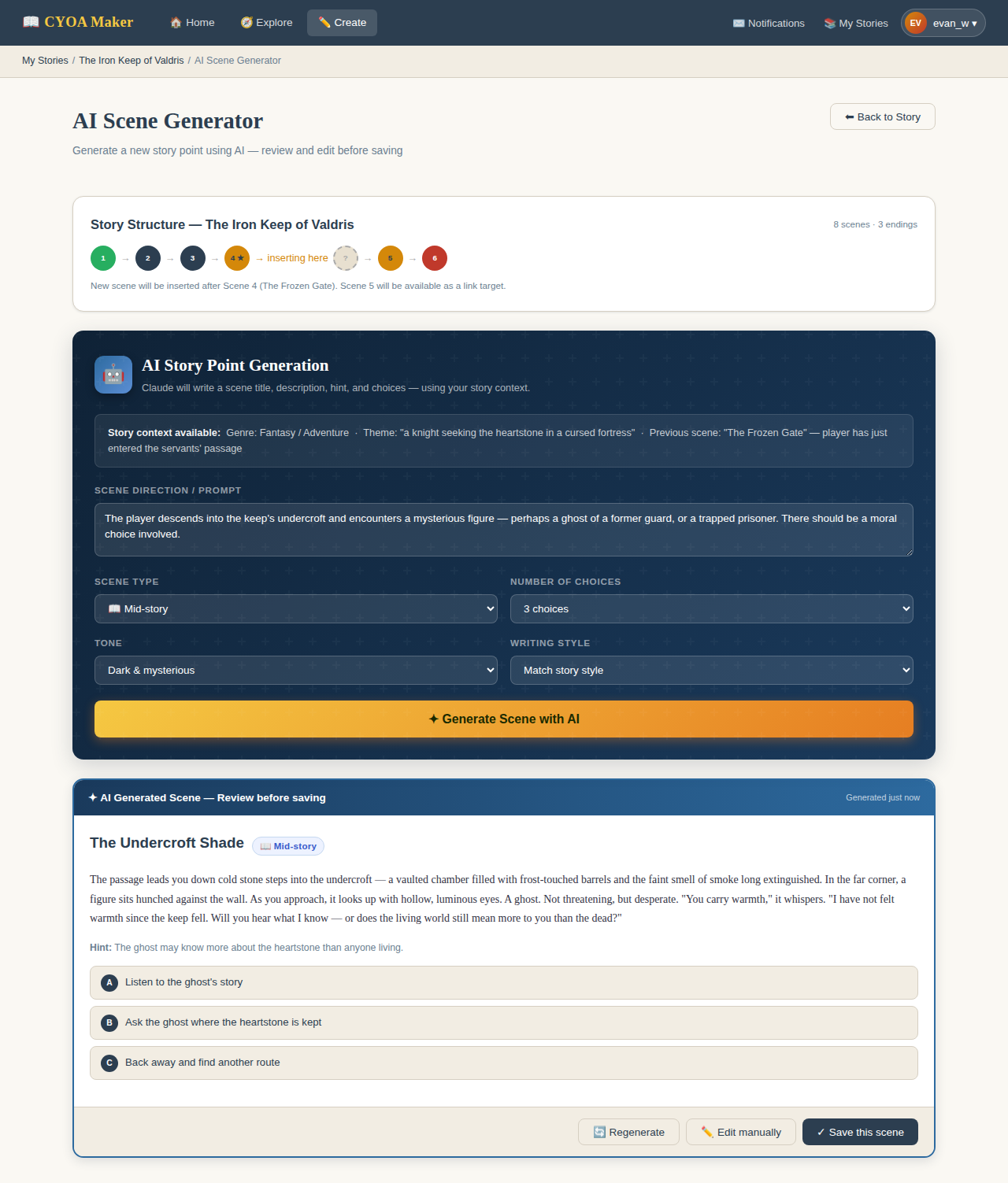 Mockup of the AI scene generator page showing a story map overview, a prompt form with tone and type options, and a generated scene result card ready to save or edit