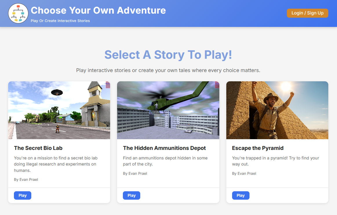 Homepage screenshot showing story gallery