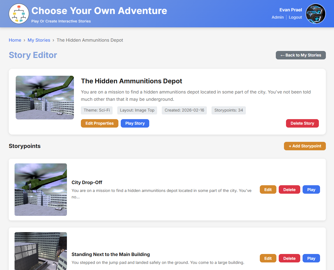Screenshot: story overview in editor — list of story points