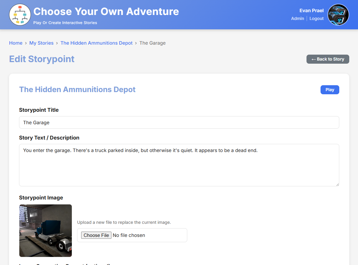 Screenshot: story point editor form — text, image upload, and choices